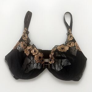 Wacoal Bra Retro 34D Black Gold Sheer Embroidered Underwire Lace Sexy 65172